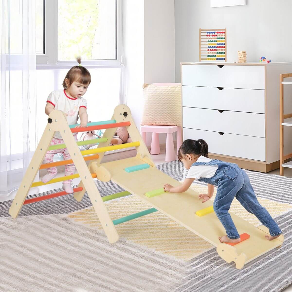 Medinė Montessori Laipynė Vaikams Pikler Trikampis, Čiuožykla Ir Laipiojimo Sienelė 3 in 1 1371 Sūpynės ir Žaidimų Aikštelės