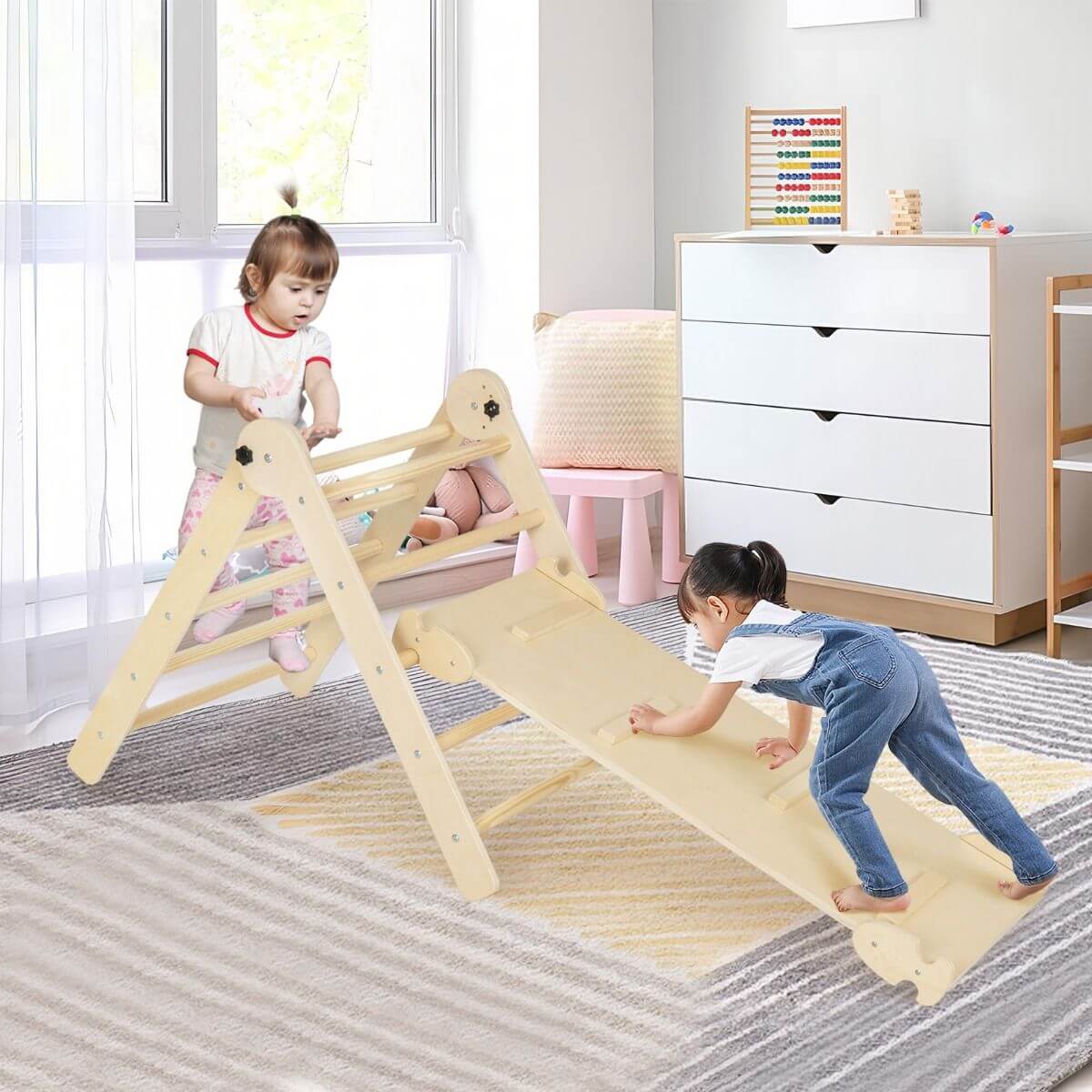 Medinė Montessori Laipynė Vaikams Pikler Trikampis, Čiuožykla Ir Laipiojimo Sienelė 3 in 1 1372 Sūpynės ir Žaidimų Aikštelės