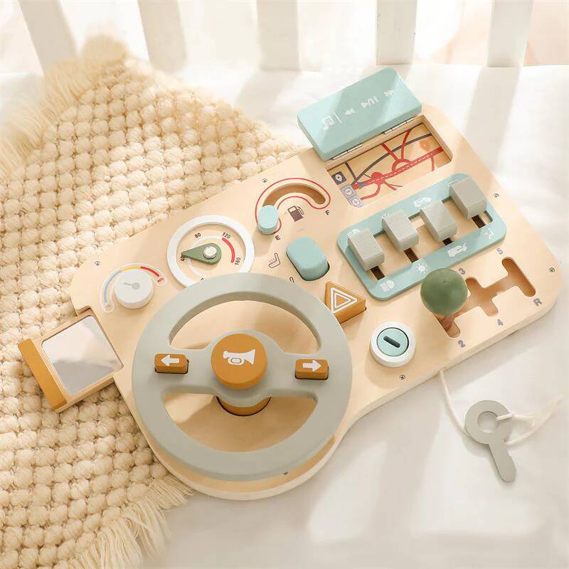 Medinė Montessori Sensorinė Veiklos Lenta Automobilis Su Vairu 32,5 x 22,5 x 8 cm Sensorinės Veiklos Lentos