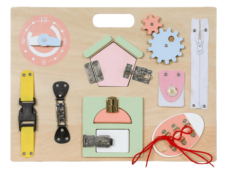 Medinė Montessori Veiklos Lenta Vaikams Su Užraktais 29,8 x 40 cm Sensorinės Veiklos Lentos