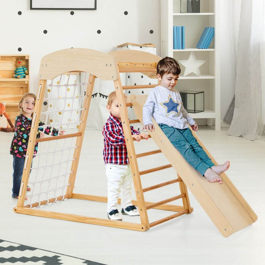 Medinė Montessori Žaidimų Aikštelė 8in1 Čiuožykla Laipiojimo Siena Tinklas Sūpynės ir Žaidimų Aikštelės
