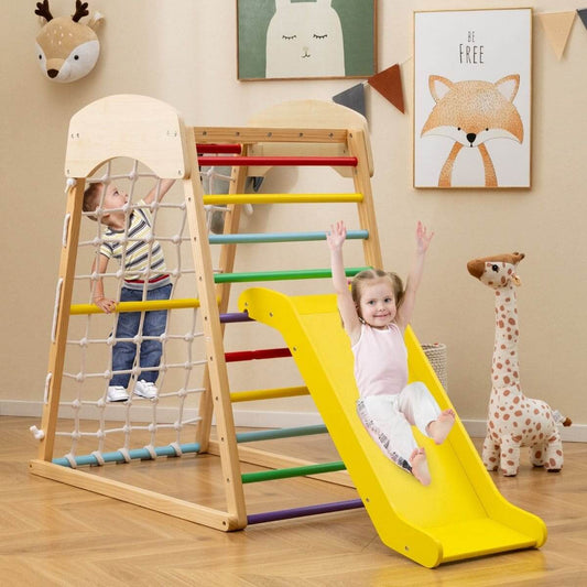 Medinė Montessori Žaidimų Aikštelė 8in1 Čiuožykla Laipiojimo Siena Tinklas, Spalvota Sūpynės ir Žaidimų Aikštelės