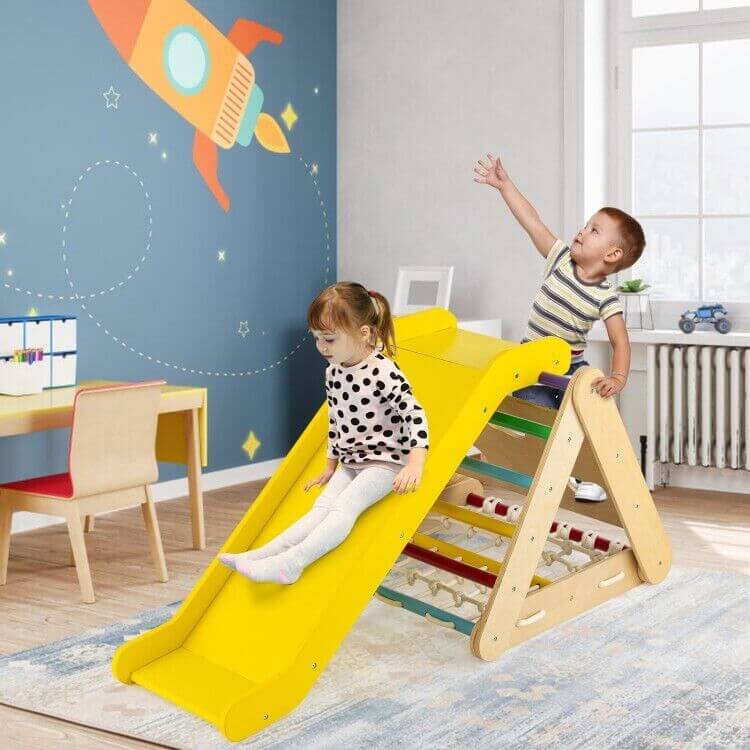 Medinė Montessori Žaidimų Aikštelė Pikler Trikampis Laipiojimo Sienelė Su Čiuožykla Montessori Žaidimų Aikštelės