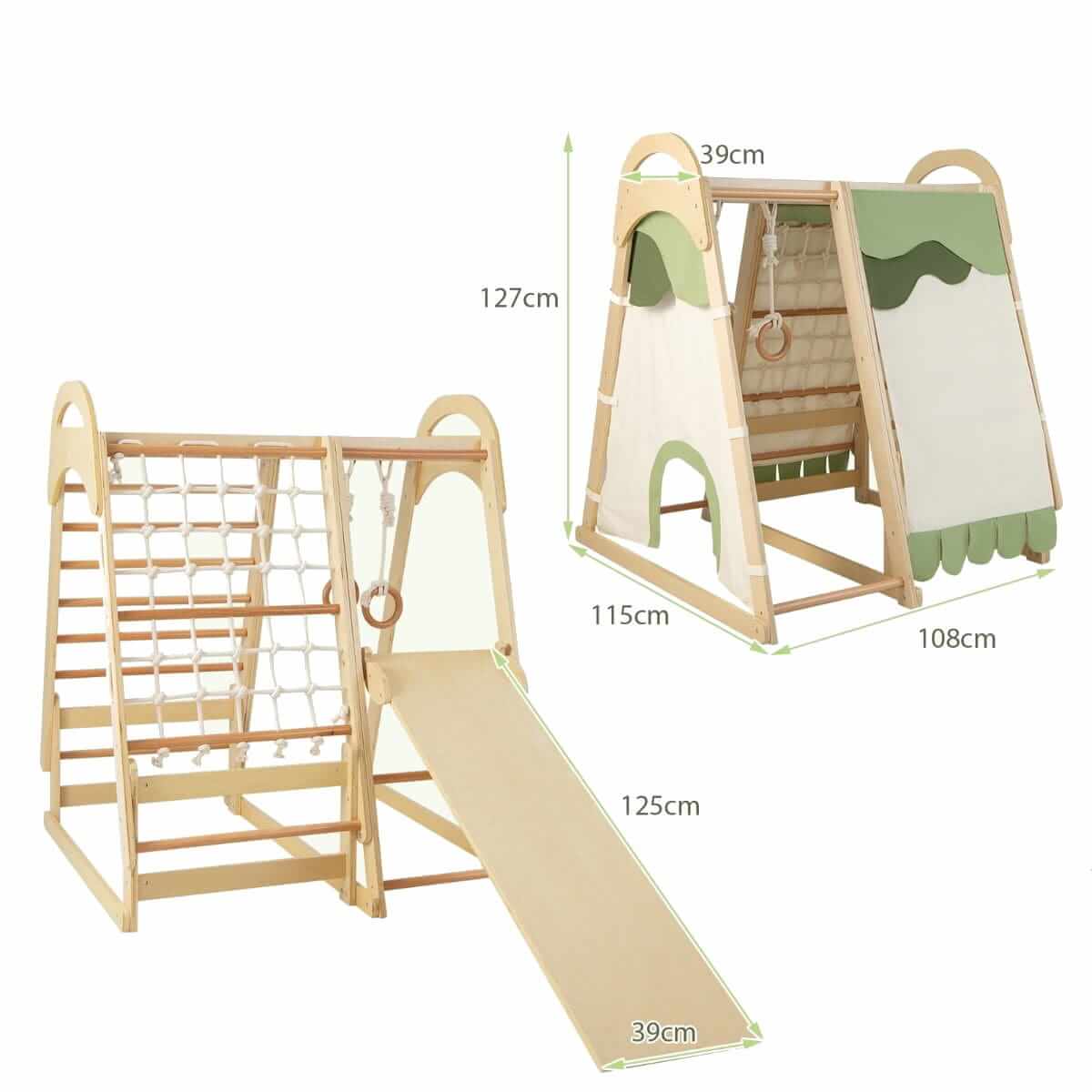 Medinė Montessori Žaidimų Aikštelė Vaikams Su Palapine Čiuožykla Tinklu Gimnastikos Žiedais Sūpynės ir Žaidimų Aikštelės