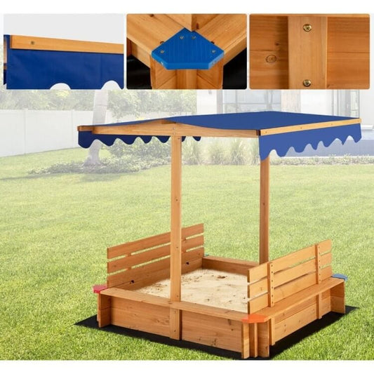 Medinė Smėlio Dėžė Su Tentu Ir Suolais 121 × 121 × 121 cm Smėlio Dėžės