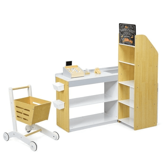 Medinė Vaikiška Parduotuvė Su Kasos Aparatu Ir Pirkinių Vežimėliu Vaikiškos Virtuvėlės