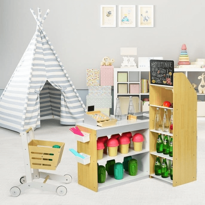 Medinė Vaikiška Parduotuvė Su Kasos Aparatu Ir Pirkinių Vežimėliu Vaikiškos Virtuvėlės