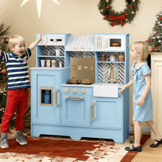 Medinė Vaikiška Virtuvėlė su Dviem Stalviršio Aukščio Lygiais Vaikiškos Virtuvėlės