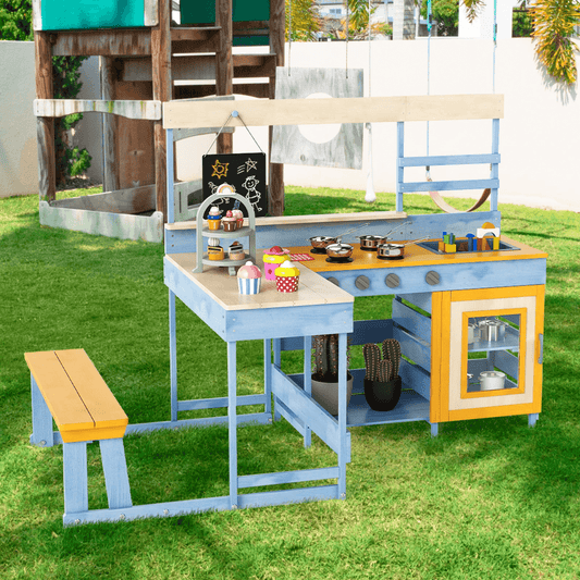 Medinė Vaikų Virtuvė Su Pikniko Stalu Ir Suolu 150 x 71 x 98 cm Mėlyna Vaikiškos lauko virtuvėlės