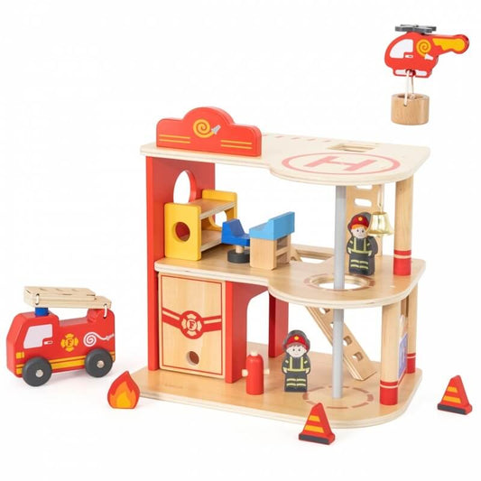 Medinė VIGA 3 Aukštų Gaisrinė Su Automobiliu Ir Sraigtasparniu Žaislai Mašinėlės Ir Trasos