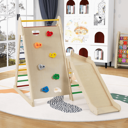 Medinės Montessori Kopėčios Su Laipiojimo Sienele Ir Čiuožykla, Spalvota Sūpynės ir Žaidimų Aikštelės
