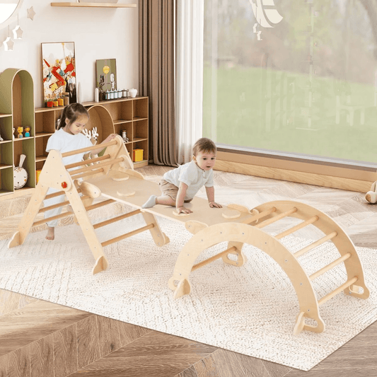 Medinis Laipiojimo Montessori Sulankstomas Rinkinys 7in1 Su Čiuožykla Sūpynės ir Žaidimų Aikštelės