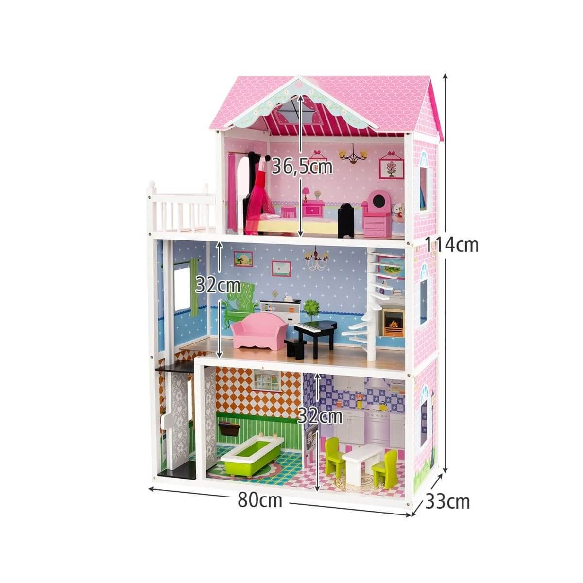 Medinis Lėlių Namelis Su Liftu Ir Baldais, Trijų Aukštų Lėlių Namas