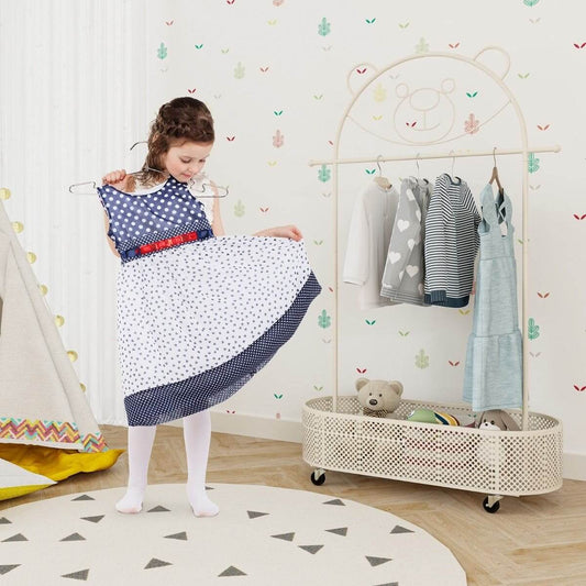 Metalinė Kabykla "Meškiukas" Su Krepšeliu Ir Ratukais Vaiko Kambariui, Balta Spintos