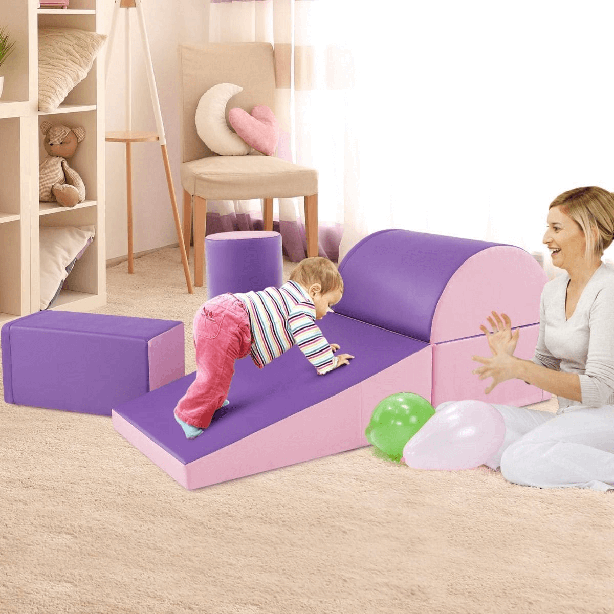 Minkšta žaidimų Aikštelė, Minkštų Blokų Vaikams Rinkinys, Rožinė/Violetinė 5 vnt Minkštos Žaidimų Aikštelės