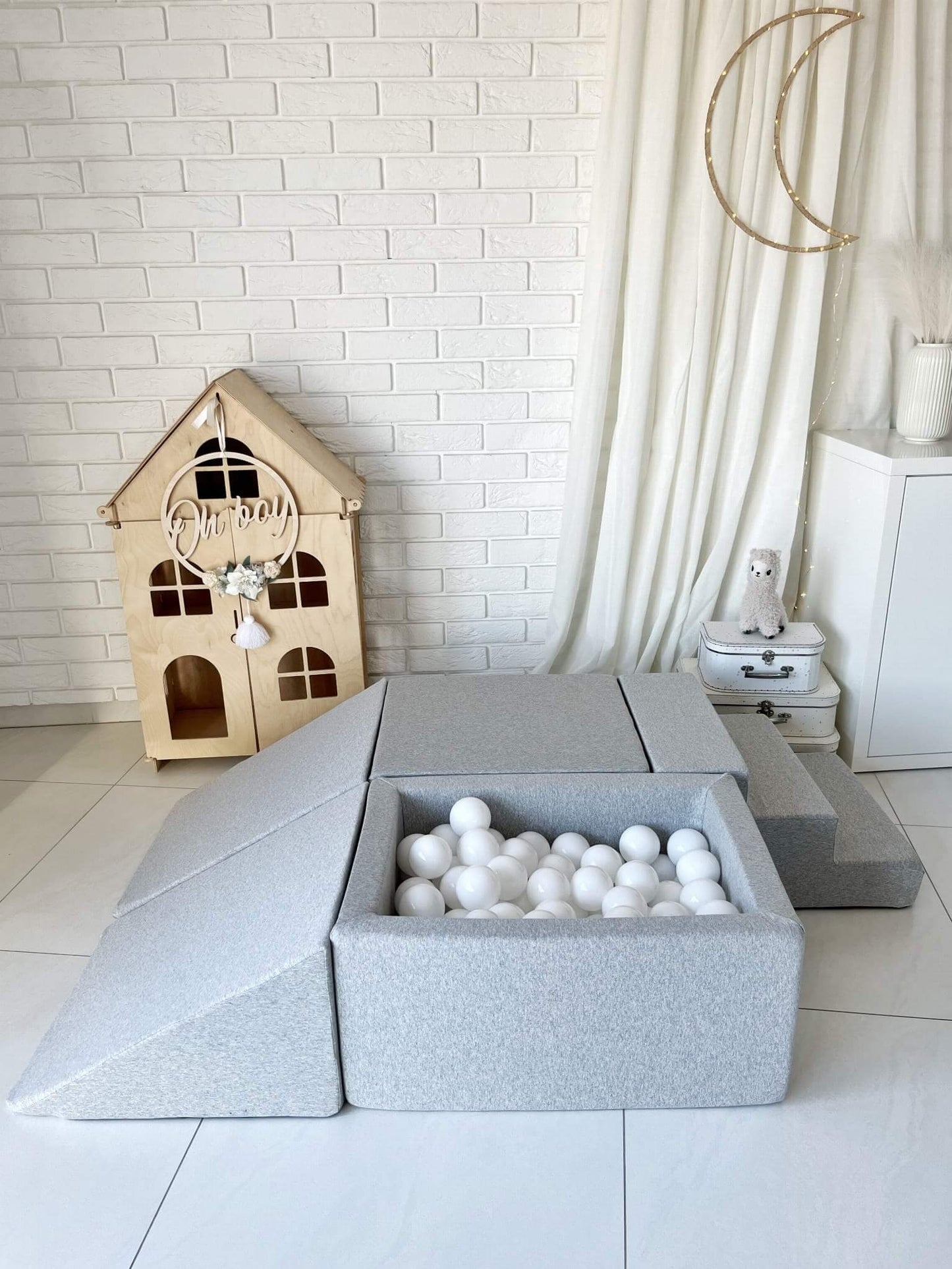 Minkšta Žaidimų Aikštelė Su Mini Kamuoliukų Baseinu Pilka Spalva 5 Dalys + 100 Kamuoliukų Minkštos Žaidimų Aikštelės
