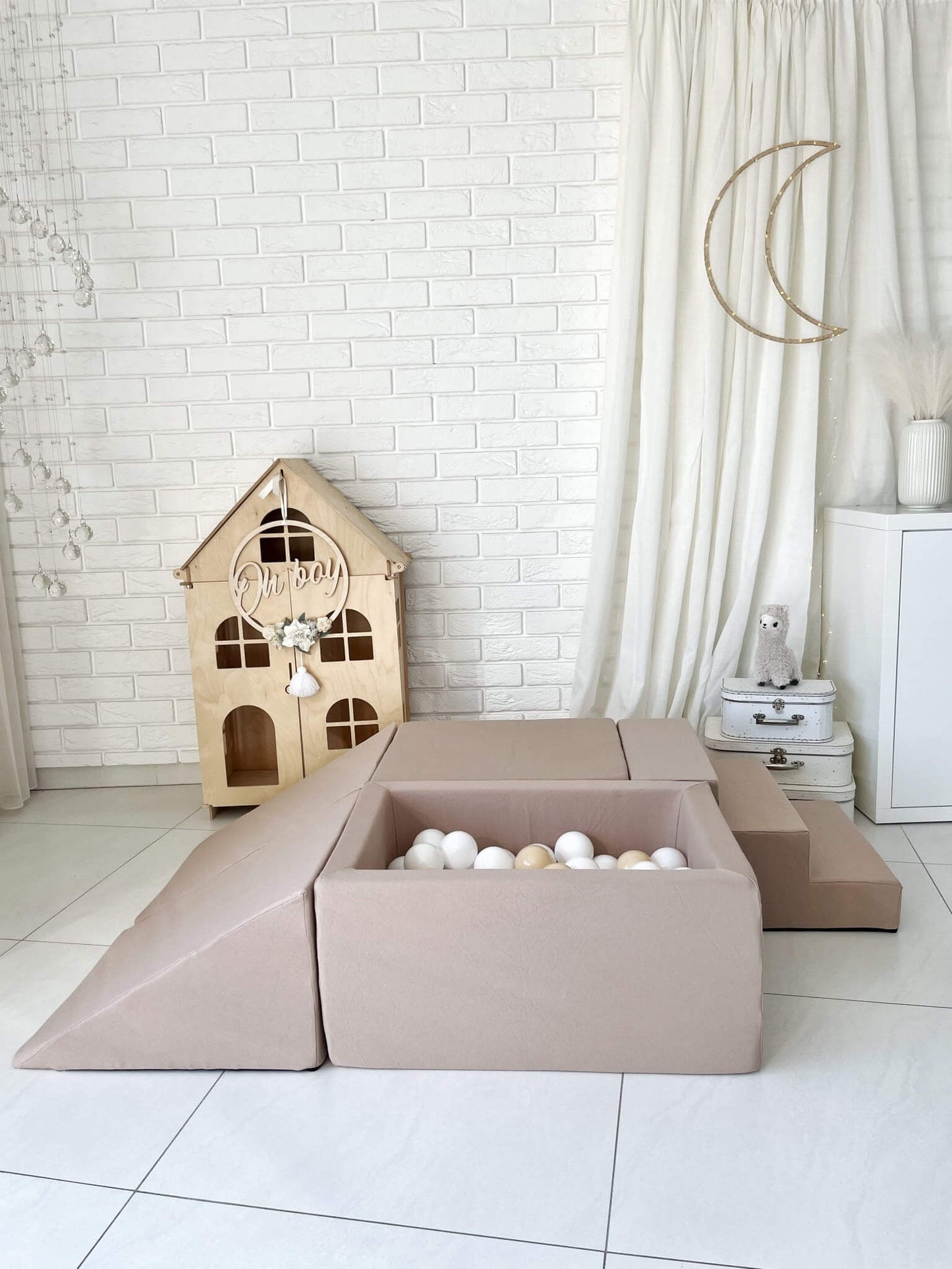 Minkšta Žaidimų Aikštelė Su Mini Kamuoliukų Baseinu Smėlio Spalva 5 Dalys + 100 Kamuoliukų Minkštos Žaidimų Aikštelės