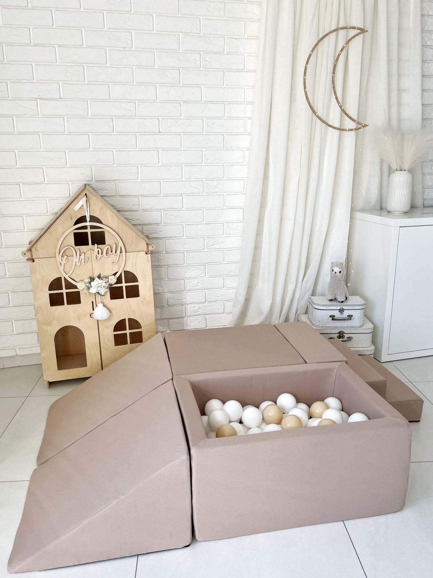Minkšta Žaidimų Aikštelė Su Mini Kamuoliukų Baseinu Smėlio Spalva 5 Dalys + 100 Kamuoliukų Minkštos Žaidimų Aikštelės