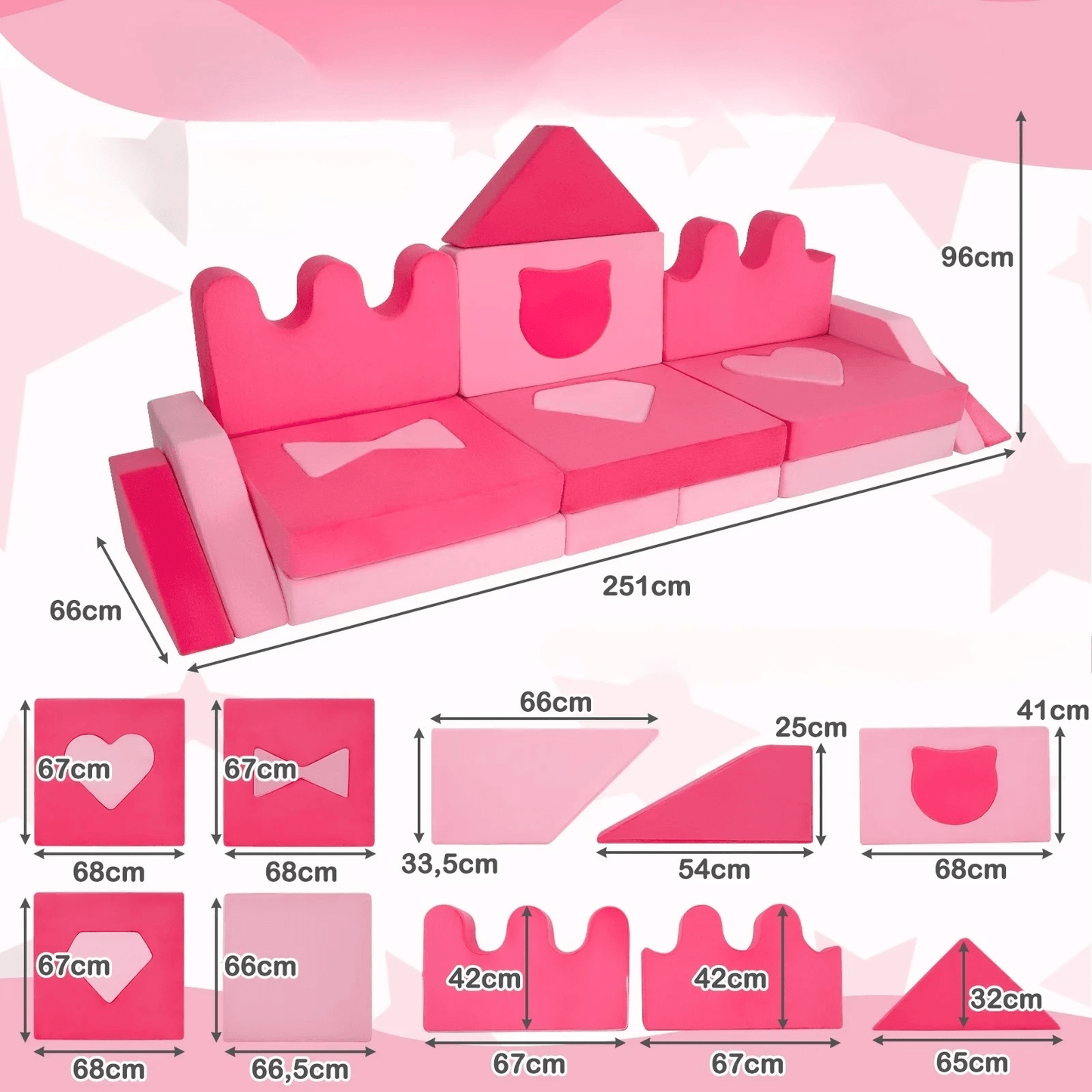 Modulinė Vaikiška Sofa 14 Dalių Su Minkštais Laipiojimo Blokais, Rožinė Minkštos Žaidimų Aikštelės