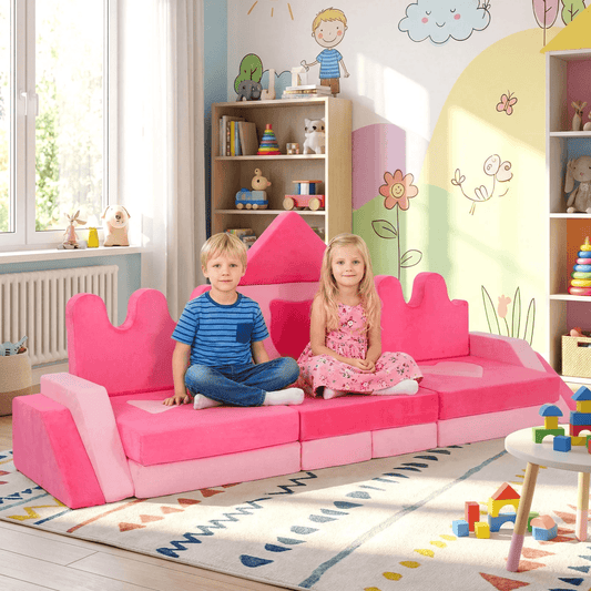 Modulinė Vaikiška Sofa 14 Dalių Su Minkštais Laipiojimo Blokais, Rožinė Minkštos Žaidimų Aikštelės