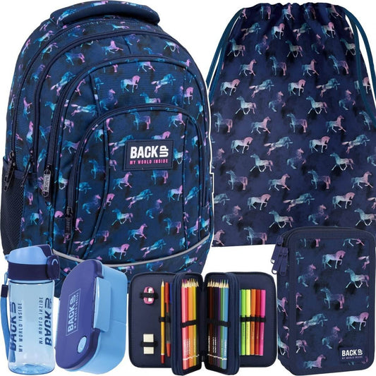 Mokyklinis Rinkinys 5in1 Kuprinė Mėlyna 42 cm BackUP Penalas 3 Skyriai Kuprinės