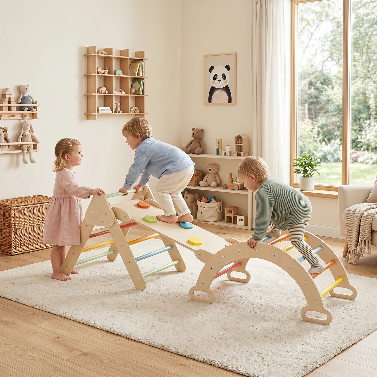 Vaikai naudojasi spalvotu Montessori laipiojimo rinkiniu