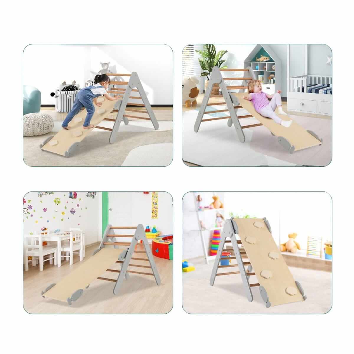 Montessori Laipynė Vaikams Pikler Trikampis Su Čiuožykla Ir Laipiojimo Sienele, Pilka Sūpynės ir Žaidimų Aikštelės