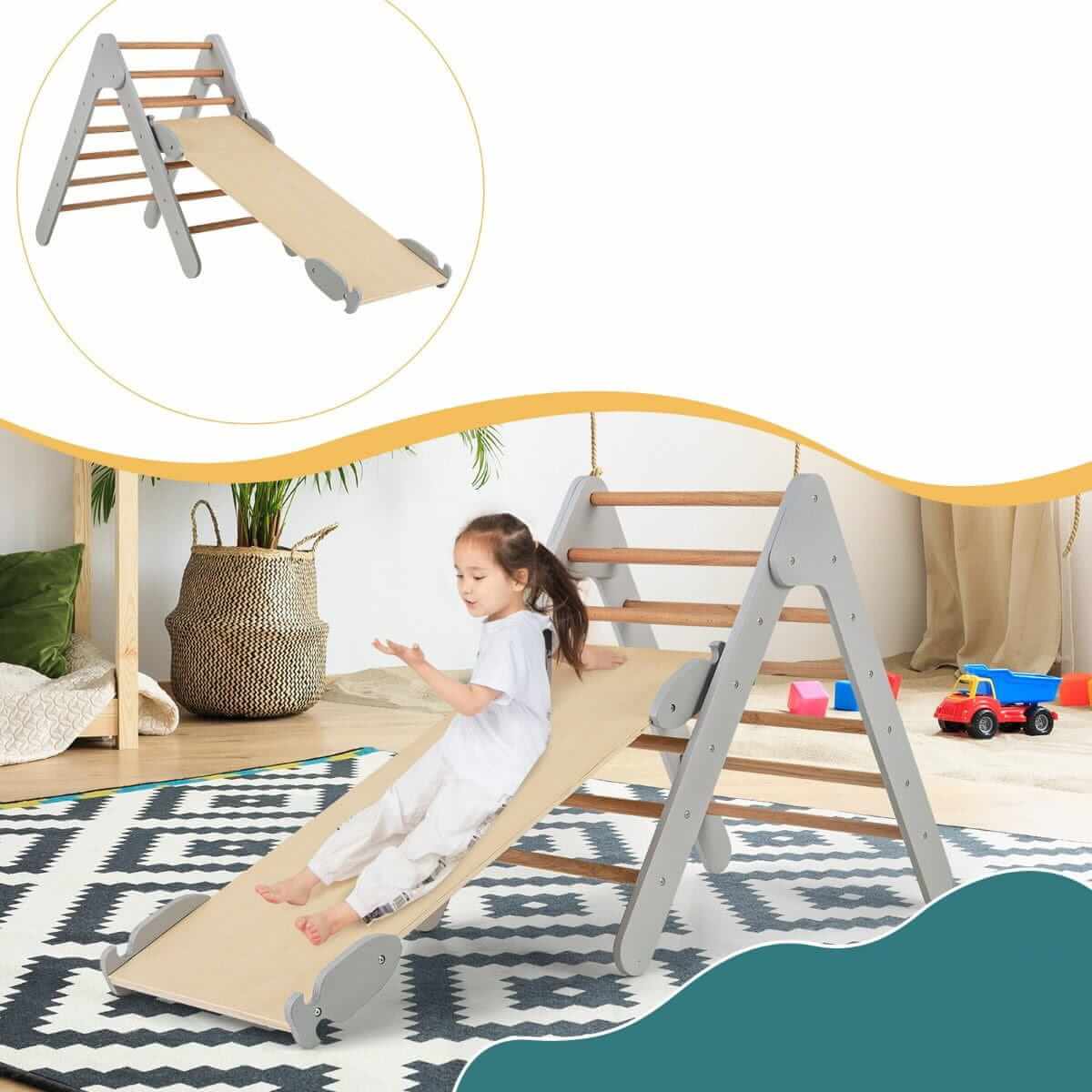Montessori Laipynė Vaikams Pikler Trikampis Su Čiuožykla Ir Laipiojimo Sienele, Pilka Sūpynės ir Žaidimų Aikštelės