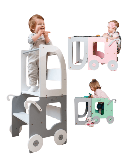 Montessori Virtuvės Pagalbininkas – Bokštelis 2in1 Su Stalu Ir Kėde Montessori bokštelis