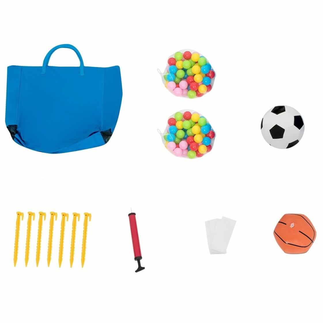 Pripučiamas Batutas Su Čiuožykla, Kamuoliuku Baseinu + 100 Kamuoliukų, Futbolo Vartai, Krepšinio Lankas Ir Smiginio Lenta, 380 x 305 x 215 cm, 1286 Batutai