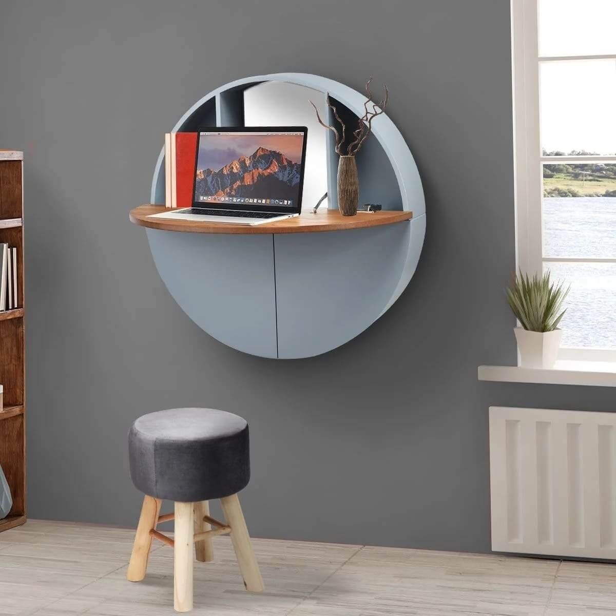 Round wall-mounted dressing table with mirror and shelf Tualetinis Staliukas
