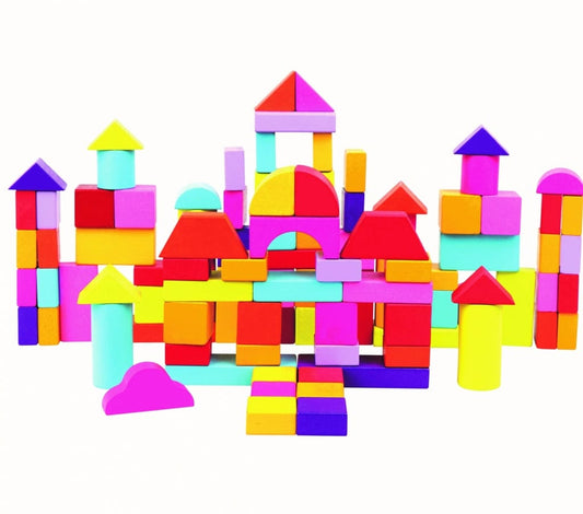 Spalvotos medinės kaladėlės, 12 mėn+, 100 vnt