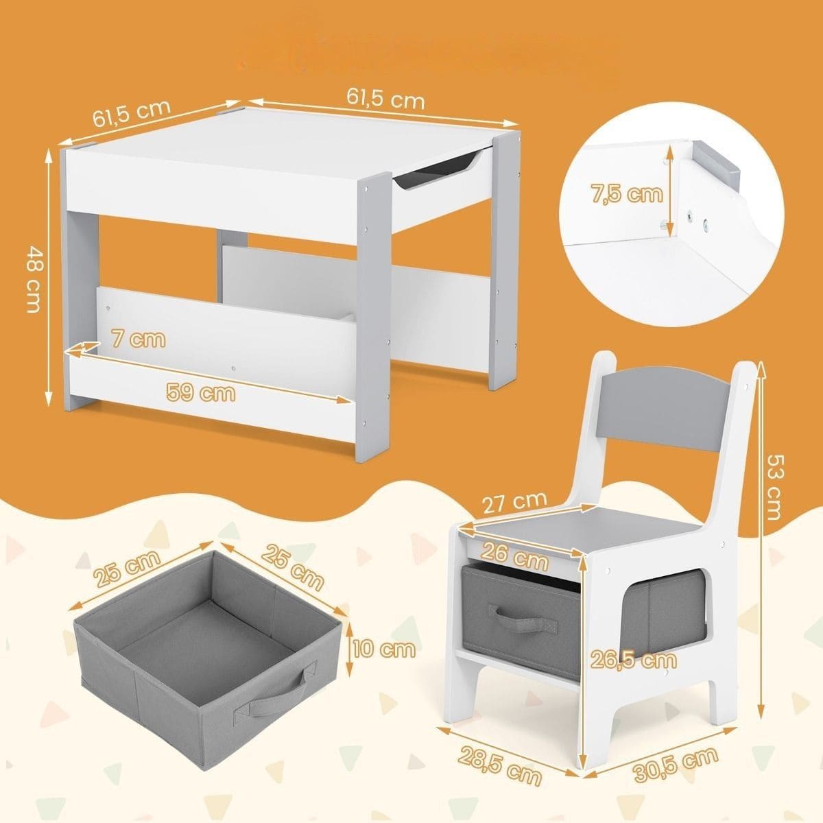 Stalas Su Kėdutėm Piešimo Lenta Daiktadėžėmis Ir Knygų Lentyna, Pilkas Staliukai Kėdutės