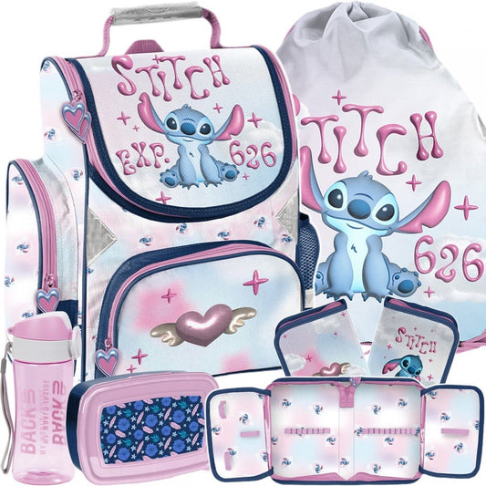 Stitch ergonominė mokyklinė kuprinė 1–4 klasei, 5 dalių komplektas be priemonių Mokyklinės kuprinės