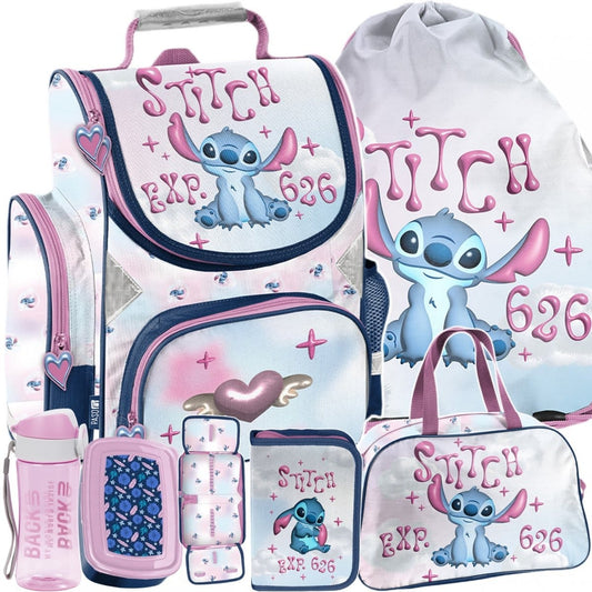 Stitch ergonominė mokyklinė kuprinė 1–4 klasei, 6 dalių komplektas be priemonių Mokyklinės kuprinės