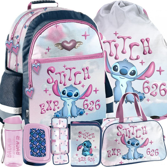 Stitch keturių skyrių mokyklinė kuprinė, 6 dalių komplektas be priemonių Mokyklinės kuprinės