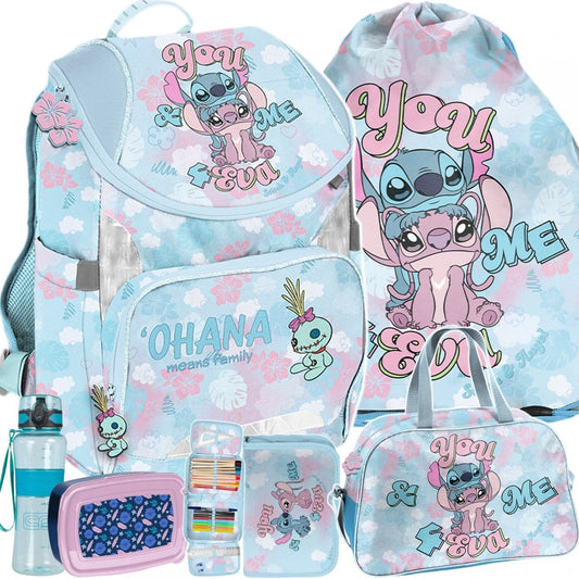 Stitch standi kuprinė 34 cm, 6 dalių komplektas su priemonėmis Mokyklinės kuprinės