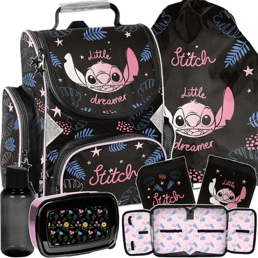 Stitch standi mokyklinė kuprinė 1–4 klasei, 5 dalių komplektas be priemonių Mokyklinės kuprinės