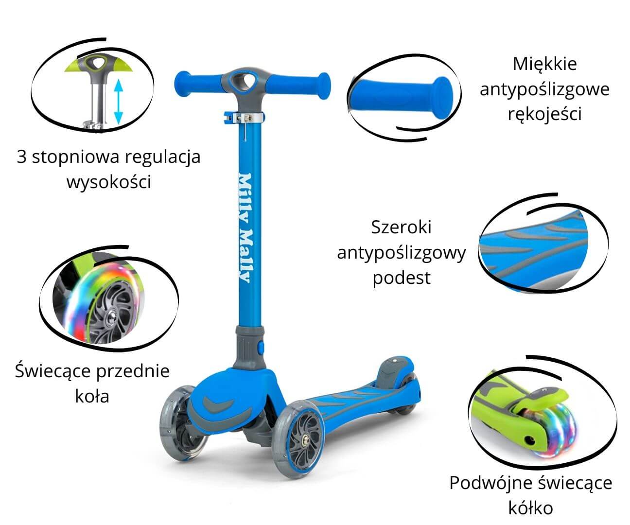 Sulankstomas Vaikiškas Triratis Paspirtukas Su LED ratais, Mėlynas Iki 50 Kg Paspirtukai