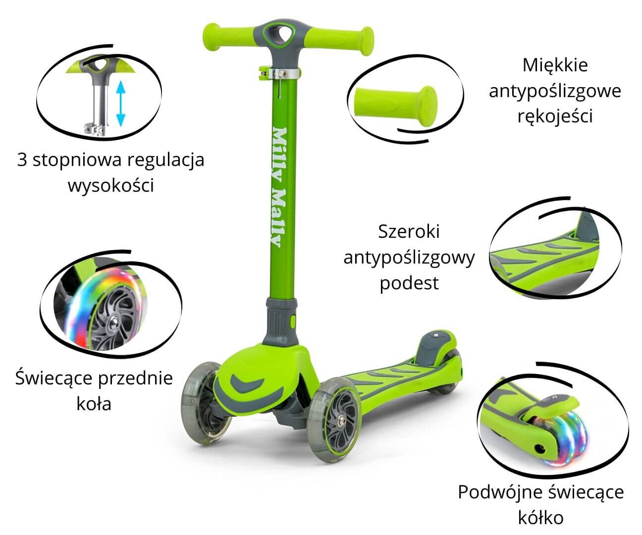 Sulankstomas Vaikiškas Triratis Paspirtukas Su LED ratais, Žalias Iki 50 Kg Paspirtukai