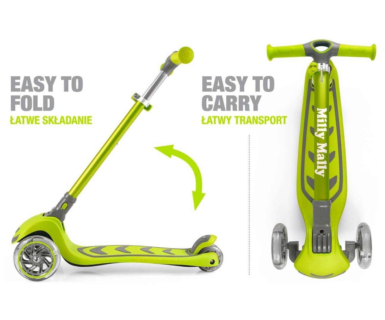 Sulankstomas Vaikiškas Triratis Paspirtukas Su LED ratais, Žalias Iki 50 Kg Paspirtukai