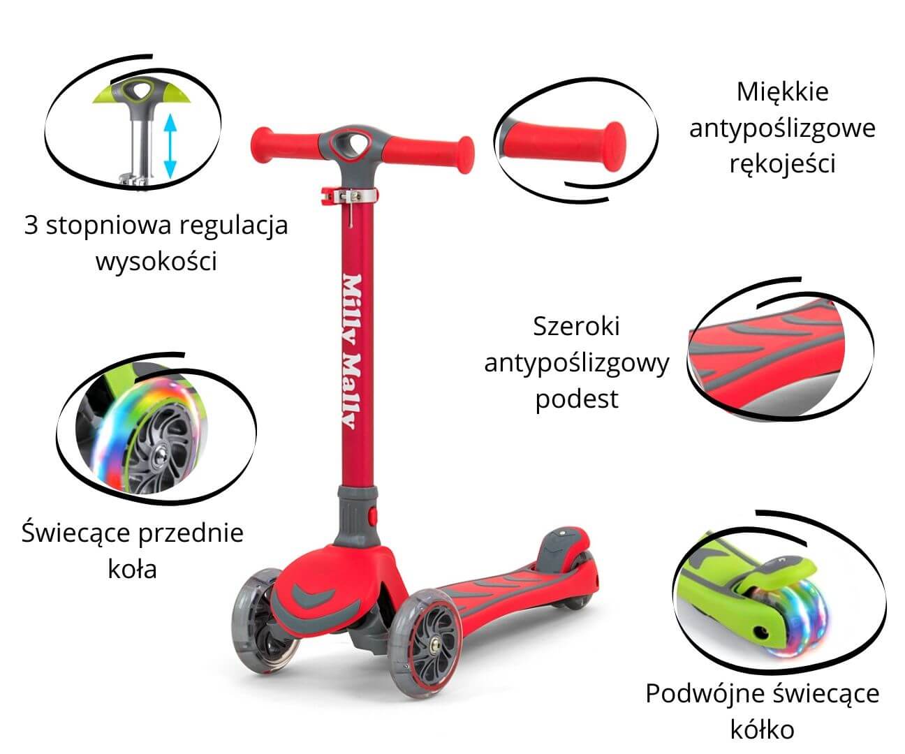 Sulankstomas Vaikiškas Triratis Paspirtukas Su LED Raudonas Iki 50 Kg Paspirtukai