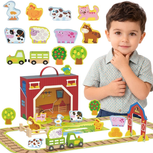 Tooky Toy Medinė Ferma Lagamine Su Figūrėlėmis