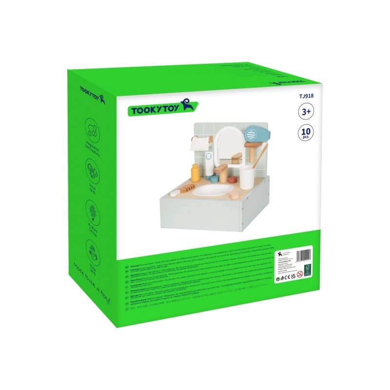 Tooky Toy Medinė Kriauklė Su Veidrodžiu Ir Aksesuarais Vaikams Kosmetinis Staliukas