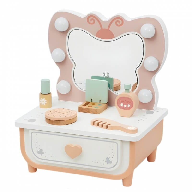 Tooky Toy Medinis Grožio Staliukas Su LED Veidrodžiu Ir Aksesuarais Kosmetinis Staliukas