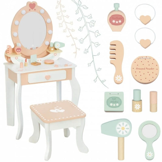 Tooky Toy Medinis Kosmetinis Staliukas Su Aksesuarais Ir Kėde Kosmetinis Staliukas