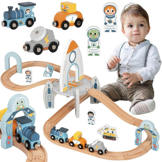 Tooky Toy medinis kosminio traukinio rinkinys Traukiniai