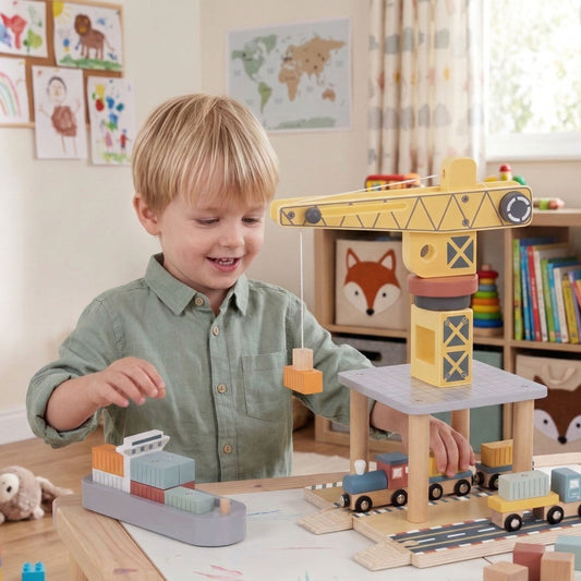 Tooky Toy medinis uosto rinkinys su kranu ir transportu Žaislinės transporto priemonės