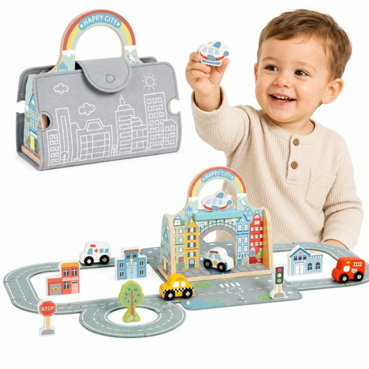 Tooky Toy nešiojamas medinis miesto rinkinys su krepšiu – nuotrauka 1