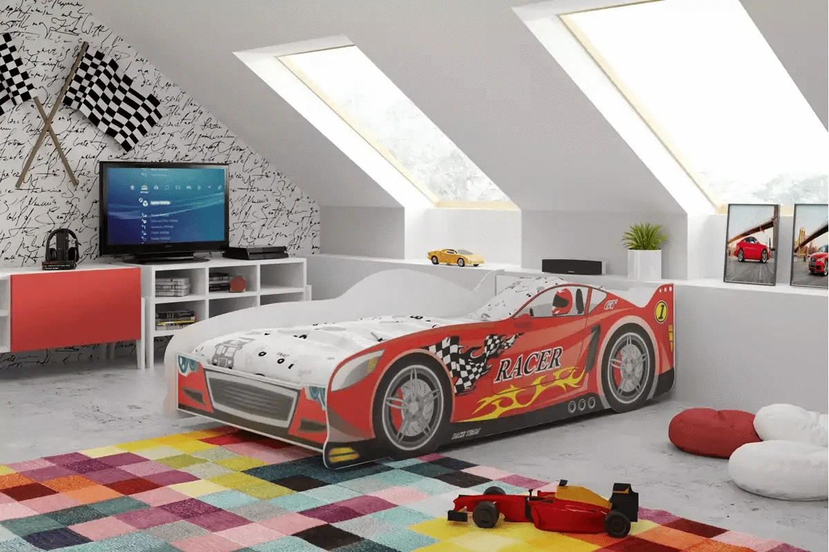Vaikiška Lova Automobilis + Čiužinys 160x80cm 2 Spalvos Lovos Vienvietės Raudona